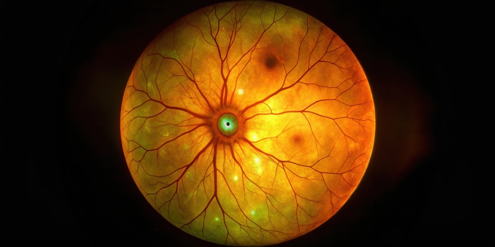 Digitale Netzhautaufnahme mit klarer Darstellung von Sehnerv, Blutgefäßen und Pigmentveränderungen im Augenhintergrund.